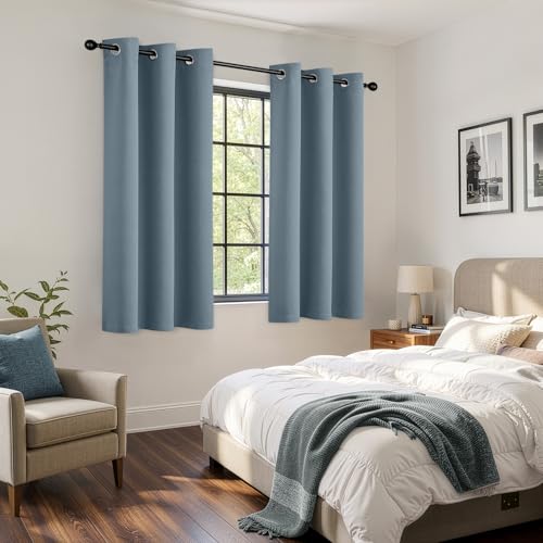 Stone Blue Blackout Curtains for Bedroom Living Room 63 Inch Long 2 Panels, Solid Thermal Insulated Grommet Drapes, Room Darkening Sunlight Blocking Window Treatments, W40 x L63 Inch