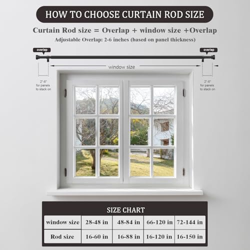 Oneach Black Curtain Rods for Windows 66 to 120 Inch, 1 Inch Pole Adjustable Length Heavy Duty Metal Curtain Rod Set, for Outdoor Bedroom Kitchen Living Room, Decorative Drapery Rods with Finials