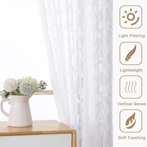 Gwine White Sheer Curtains 63 Inch Length 2 Panels Set, Light Filtering Leaf Jacquard Textured Soft Airy Living Room Bedroom Curtains, Elegant Rod Pocket Farmhouse Curtain, 42Wx63L Inches, 2PCS