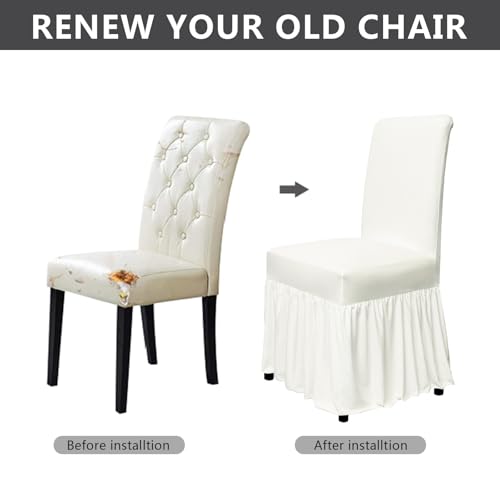 molasofa Chair Covers for Dining Room Set of 2 Stretch Chair Slipcovers with Skirt for Kitchen Seat Protectors Wedding Banquet Decor Kids Pets Spandex Fabric Washable (2pcs, Cream)