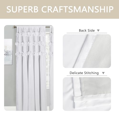 Homechoice Decor White Blackout Drapes - Handmade Ruffles & Butterfly Flower Accents Heat Blocking Window Curtain 54" x 84" x 2 Panels - Thermal Insulated, Soundproof & Light Reducing Curtains (LQ-37)