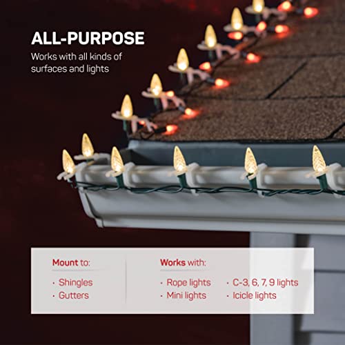 All-Purpose Holiday Light Clips [Set of 200] Christmas Clips, Outdoor Light Clips - Mount to Shingles & gutters - Works with Mini, C6, C7, C9, Rope, Icicle Lights - No Tools Required - USA Made
