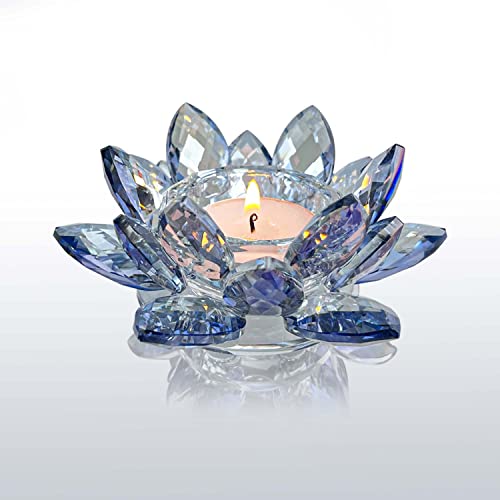 Crystal Lotus Flower Tealight Candle Holders/Glass Tea Light Candlestick Decor Decoration for Christmas Home Wedding Party… (Blue 1pc)