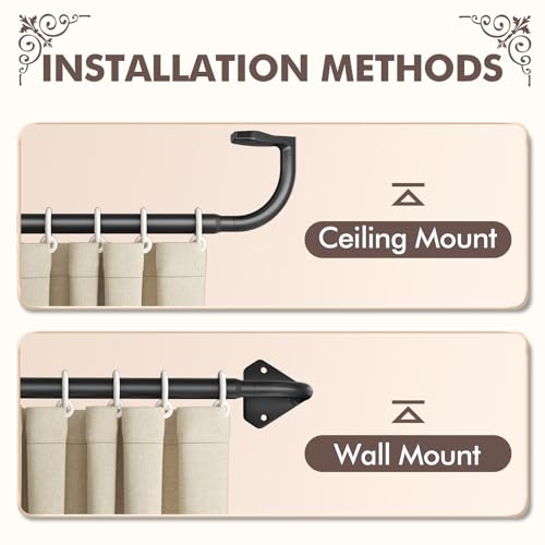 Curtain Rods, No Rust Adjustable Blackout Drapery Rods, 5/8 Inch Diameter Wrap Around Curtain Pole for Windows, Ideal for Bedroom, Outdoor (28-48 Inch, 2 Pack, Black)