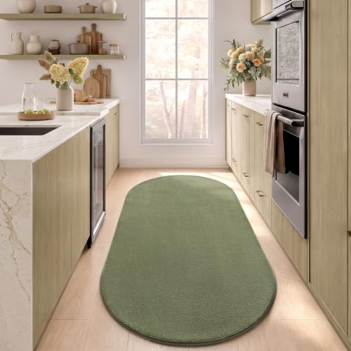 ISEAU Oval Bedroom Rug 2.6x5 Non-Slip Washable Runner Rug for Hallway Green