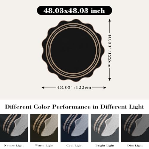 Scalloped Round Entryway Rug 4ft, Indoor Outdoor Patio Rug Washable Farmhouse Easy Jute Bedroom Area Rug, Non Slip Black Round Kitchen Circle Rugs for Living Room Front Porch