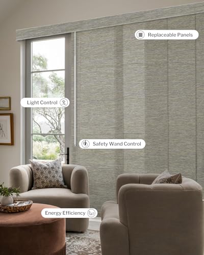 Graywind Manual Sliding Panels Natural Woven Panel Track Blinds Wand Control Window Blinds for Patio Sliding Glass Door Large Windows Width Up to 153", Custom Size (Terrazzo)