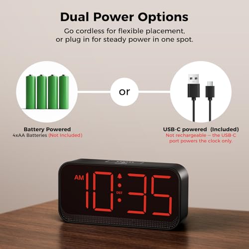 Acedeck Battery Operated Alarm Clock for Bedroom Travel: Cordless Compact Large Display Digital Clock with Auto Dimming - 4 Dimmers Easy to Use for Adults Seniors Red Digits