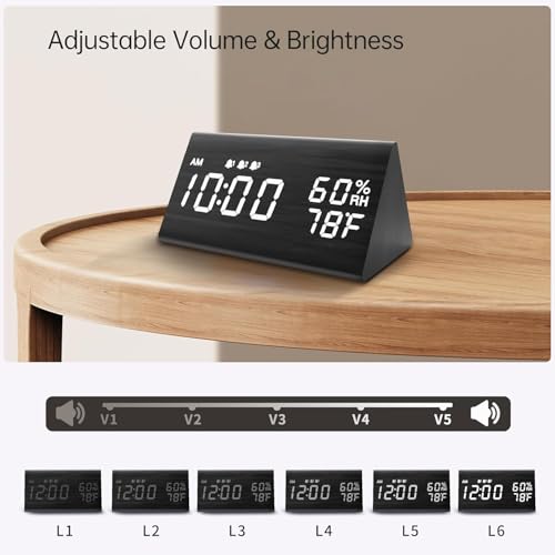 JALL Wooden Digital Alarm Clock for Bedrooms and Office, 3 Alarms with Large Numbers, Humidity and Temperature Display, 6-Level Dimmer, Snooze, Loud Desk Clock for Heavy Sleepers, Plug in (Black)