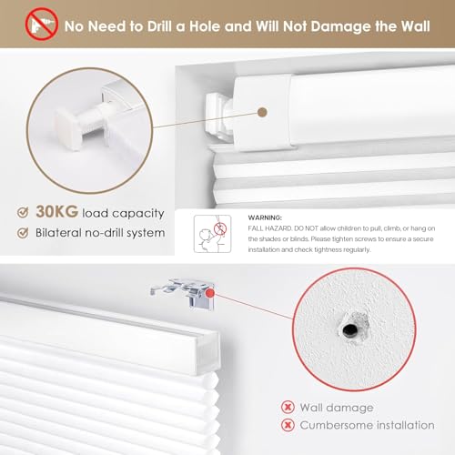 LazBlinds No Tools No Drill Cordless Cellular Shades, Blackout Light Blocking Honeycomb Shades for Home, Thermal Insulation Blinds for Windows, 22" W x 36" H, White