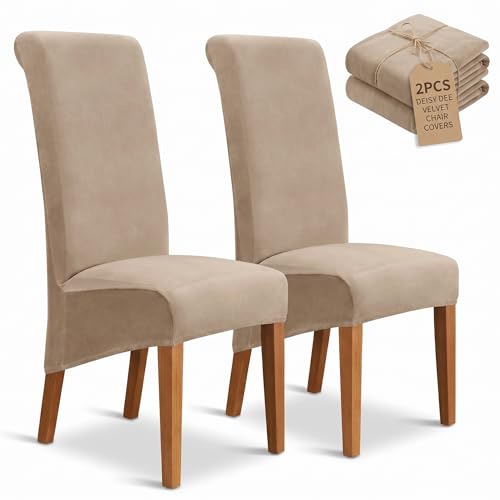 Deisy Dee Stretch XL/Oversized Extra Large Velvet Dining Room Chair Covers for Kitchen Dining，Removable Washable Chair Protectors Slipcovers (Khaki, 2)