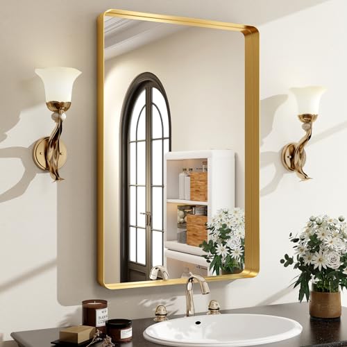 Easly 30 x 22 Inch Gold Bathroom Mirror for Wall,Aluminum Alloy Frame Rectangular Wall Mounted Mirror for Farmhouse Decor Horizontal or Vertical Ideal for Bedroom, Living Room