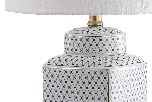 JONATHAN Y 21.5" White and Navy Blue Ceramic Ginger Jar LED Table Lamp, Modern Chinoiserie Fishnet Pattern with White Linen Shade and Brass Gold Base, LED Bulb Included JYL3043A
