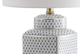 JONATHAN Y 21.5" White and Navy Blue Ceramic Ginger Jar LED Table Lamp, Modern Chinoiserie Fishnet Pattern with White Linen Shade and Brass Gold Base, LED Bulb Included JYL3043A