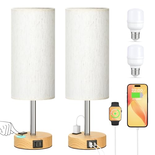 Touch Bedside Table Lamps Set - 3 Way Dimmable Bedroom Lamps Set of 2 with USB C & A Ports, Small Lamps for Nightstand with AC Outlet, Small Desk Lamp for Office, Dorm, Nursery - Dorm Room Essentials