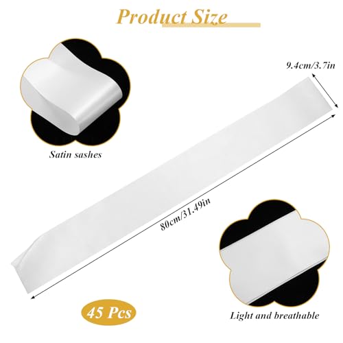 45 Pcs White Blank Satin Sashes Bulk, Plain Pageant Sashes for DIY Sublimation, Slogan Blessing Accessory Wedding Graduation Birthday Party Supplies, 31.5 x 3.7 Inch
