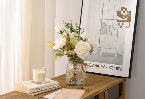 YJ Fake Flowers with Vase, Silk Roses Artificial Flowers in Vase, Faux Flower Plant Arrangement Suitable for Home Office Decoration, Dining Table Centerpiece(White)