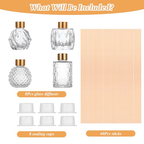 8 Pcs Bathroom Reed Diffuser Sets with 40 Natural Sticks, 3.4oz Empty Glass Bottles & Gold Caps, Bathroom Diffuser with Sticks for Home Office Aromatherapy Decor