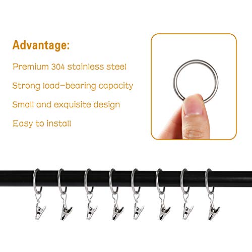 Lansian 20pcs Rustproof Drapery Matte Stainless Steel Metal Curtain Rings with Clips,Tension Curtain Hangers Clips, Decorative Curtain Rod Window, Matte Silver (1" Interior Diameter)