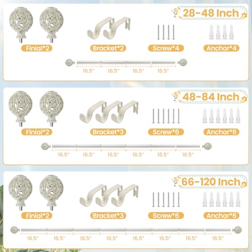 1 Inch Curtain Rod For Windows 28 to 48 Inches, Heavy-Duty Adjustable Decorative Curtain Rod With Rattan Leaf Hollow Finials For Bedroom And Living Room White