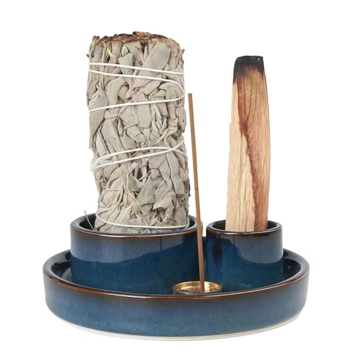 4 in 1 Incense Holder, Ceramic Incense Stick and Palo Santo Holder,Sage Holder for Burning- 4.25" Ceramic Ash Catcher Tray for Meditation and Yoga Room (Blue)