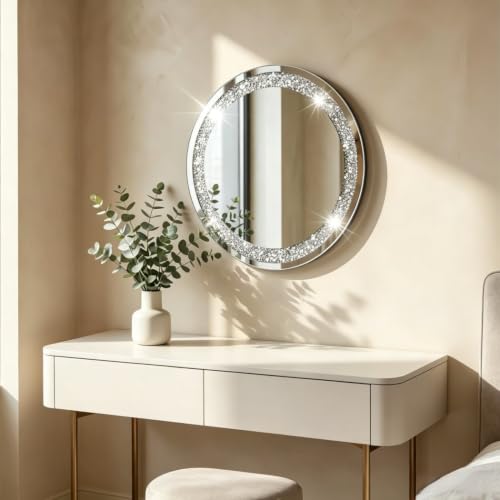 Crystal Crush Diamond Sparkly Round Silver Mirror for Wall Decoration 20x20x1 inch Wall Hang Frameless Bling Stylish Gorgeous Glam Mirror Vanity Home Decor.