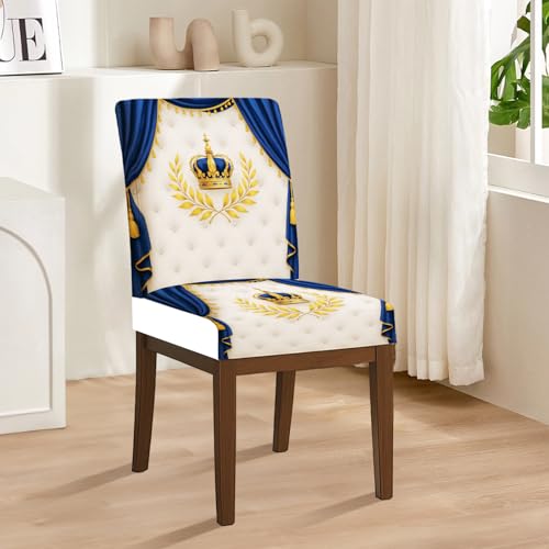 HOMETITUTE High Stretch Chair Covers for Dining Chairs Washable Dining Chair Covers Set of 4 Soft Kitchen Seat Cover Royal Blue Gold Crown for Home Hotel Restaurant Banquet