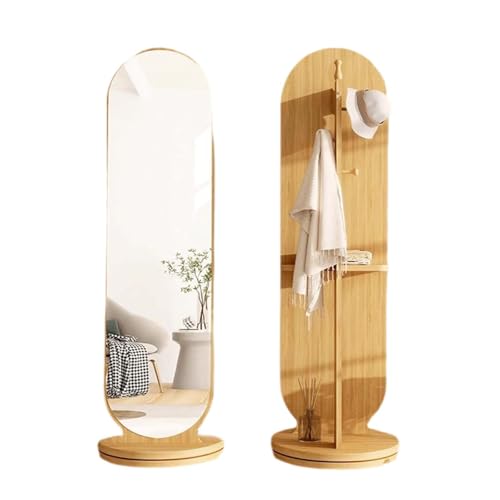Floor-Standing Solid Wood Rotating Coat Rack，Full Length Mirror with Coat Rack Wood Floor Mirror with Wheels 360° Rotation 2 in 1 Full Body Mirror and Coat Rack for Living Room Bedroom Apart