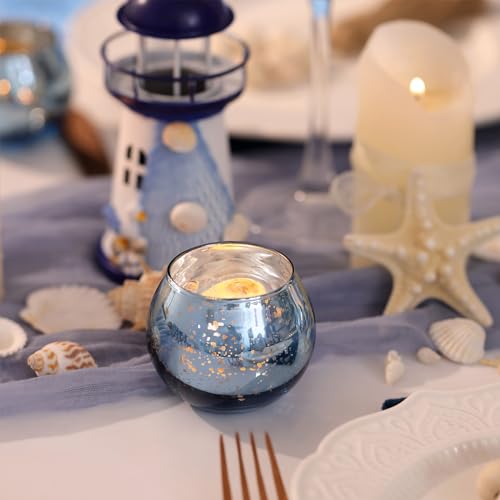 Round Blue Votive Candle Holder Set of 12, Mercury Glass Votives