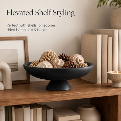 QIANLING Large Black Decorative Bowl, Modern Resin Pedestal Fruit Bowl, Matte Footed Centerpiece for Kitchen Counter, Coffee Table, Entryway Key Catch All, Home Decor