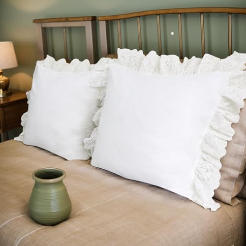 Lemfux Ruffle Pillow Case 18x18 Inch, Set of 2, Cotton Ruffle Euro Shams with Ruffles Rustic Farmhouse Lace Shabby Soft Breathable Bridal Pure White Euro Pillow Shams