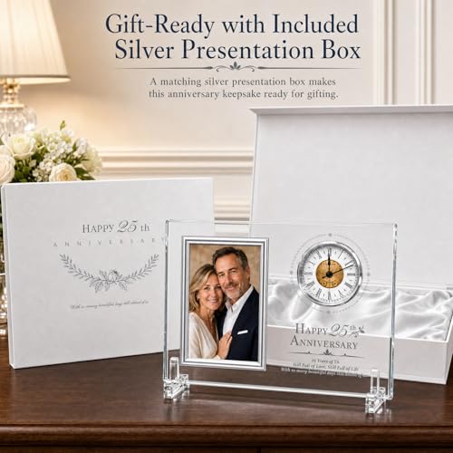 25th Wedding Anniversary Quartz Clock | silver Anniversary Decorative Gift for Parents Couples Him or Her (Battery Not Included)