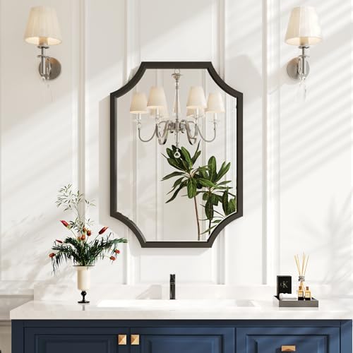 Kelly Miller 20"x28" Scalloped Black Bathroom Mirror for Wall Mount, Home Mirror | Elegant beveled vanity mirror with wavy edges. Perfect metal frame wall mirror for living room, bathroom & entryway.