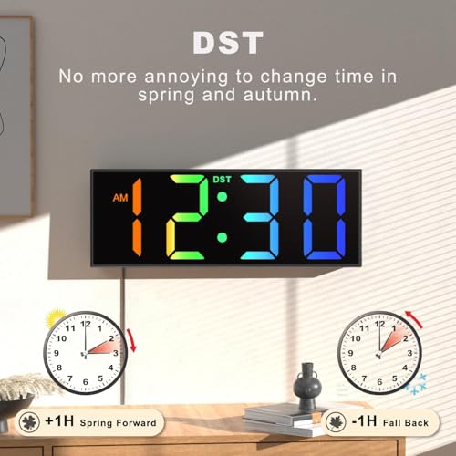 JALL 12" Large Digital Wall Clock, Big LED Number Dispaly, Remote Control, RGB Colors, DST with Light for Classroom Living Room Bedroom for Senior, Men Women