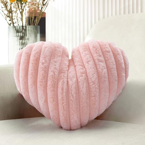 16 Inch Pink Heart Pillow Decorative Throw Pillows, Heart Shaped Soft Fluffy Faux Fur Cute Pillows for Women Valentine Anniversary Couch Bed Bedroom Room Home Decor Aesthetic (1, Pink, Medium-16"x13")
