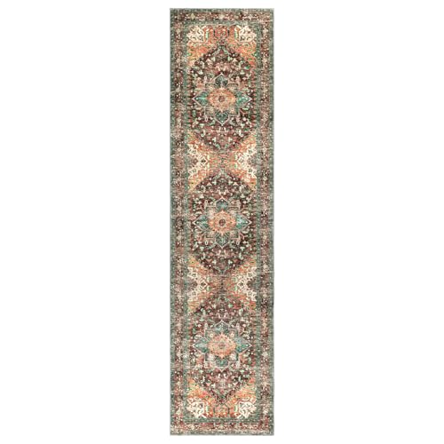 Yamaziot Washable Runner Rug, 2x8 Non-Slip Boho Vintage Hallway Rug Runner with Rubber Backing, Stain Resistant & Low Pile Faux Wool Distressed Carpet Runner for Bedroom, Kitchen, Laundry, Entrance