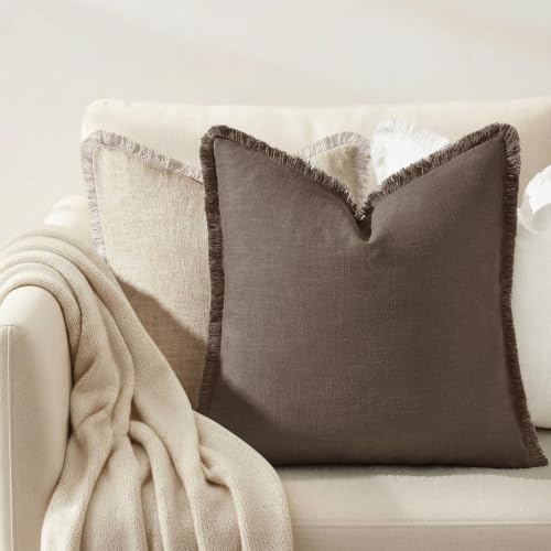 decorUhome Linen Fringe Linen Brown Throw Pillow Covers 24x24 Set of 2