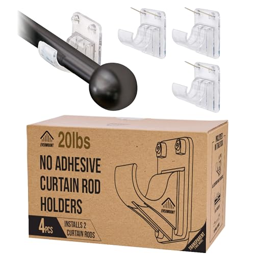 No Adhesive Heavy Duty Curtain Rod Holders with Wide Hook, 5X Stronger Than Adhesive Curtain Rod Hooks,Tension Curtain Rod Bracket for Wall with Pin Guide, Curtain Wall Mount (4 Pack, for 0.75" Rods)