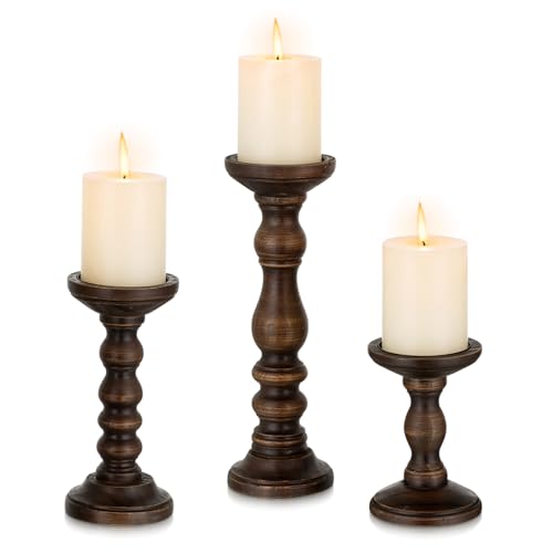 Romadedi Wood Pillar Candle Holders, Dark Brown Solid Wood, Set of 3