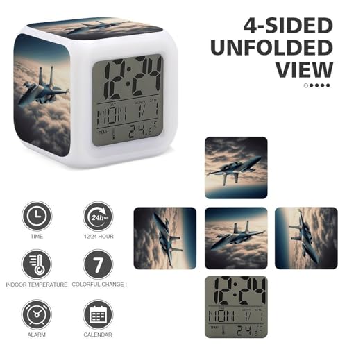Aircraft Fighter Jets Alarm Clock LED Digital Desk Clock with 7 Color Changing Night Light, Date Day of Week Calendar,Sleep Training Clocks Loud Alarm Clocks for Bedroom Heavy Sleep
