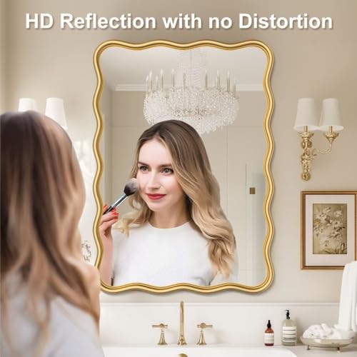 PROHOMEWARE 24 * 36" Gold Bathroom Mirror for Wall,Wavy Rectangular Mirror,Vanity Mirror,Bathroom Mirrors for Wall,Wall-Mounted Metal Frame Mirror for Bedroom Entryway Living Room Farmhouse (Gold)