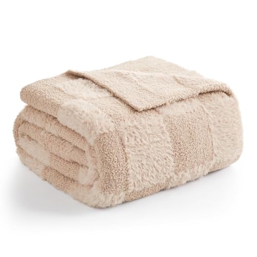 Snuggle Sac Checkered Throw Blanket Faux Fur Microfiber Blankets for Couch,Cozy Soft Warm Blanket for Sofa Bedroom Living Room,Solid Beige,50x60 inches