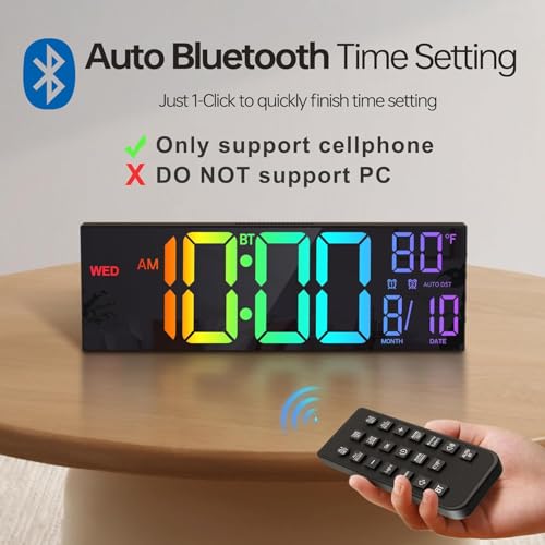 JALL 16.2" Large Digital Wall Clock with Bluetooth Sync, RGB Digital Clock Large Display with Auto DST, Wall Clock for Classroom Bedroom Gym Office, Led Clock for Seniors (Black)