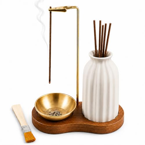 2 in 1 Incense Holder for Sticks with Ash Catcher for Meditation | Incense Burner Holder with Wood Base, Ceramic Vase Storage & Metal Ash Catcher Hang Upside for Meditation Home Room Decor