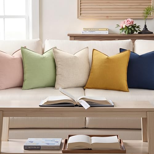 decorUhome Fall Decorative Linen Throw Pillow Covers 18x18 Inch Set of 2 Natural Beige Pillow Covers with Flange Edges Soft Farmhouse Boho Accent Pillow Cases for Couch Bed Living Room