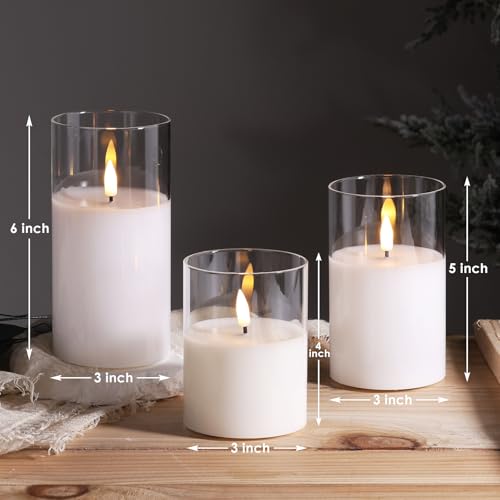 Clear Glass Flameless Candles with Remote Timer, Flickering Battery LED Pillar Candles Set of 3