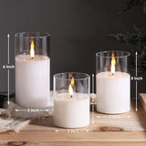 Clear Glass Flameless Candles with Remote Timer, Flickering Battery LED Pillar Candles Set of 3