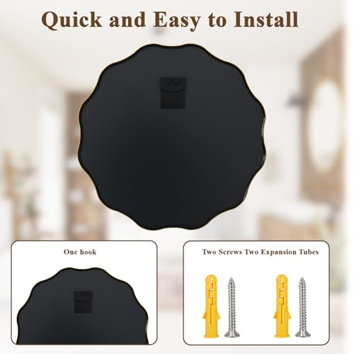 VooBang Gold Scalloped Circle Mirror, 24" Wavy Edge Round Wall Mirror with Tempered Glass Textured Circular Metal Deep Frame, Hanging Leaning for Bathroom, Hallway, Entryway, Livng Room