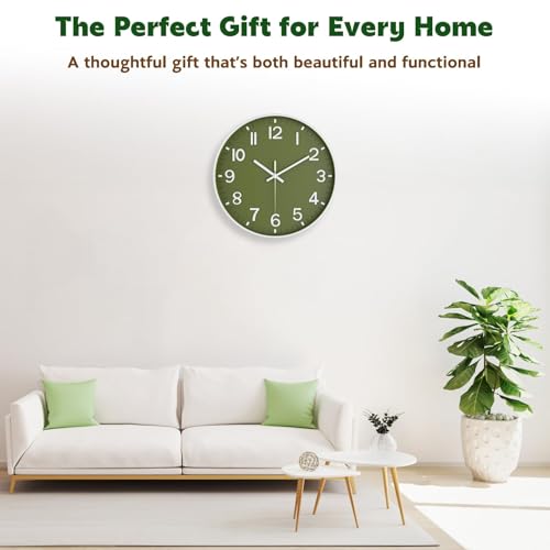 Silent Wall Clock Non-Ticking Battery Operated – Modern Olive Green Analog Wall Clock for Living Room, Kitchen, Office, Bedroom – Stylish Home Wall Decor Clock, 8 Inch