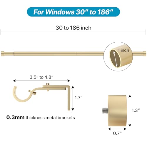 Gold Curtain Rods 180 inch, Extra Long Curtain Rod for Windows 120-180 inch, 1 inch Heavy Duty Drapery Rod for Outdoor Patio, Living Room, Bedroom, Modern Adjustable Curtain Pole 10-15ft